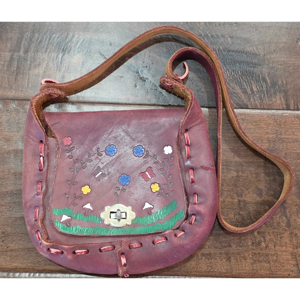 Vtg Boho Whimsical Floral Leather Crossbody Bag Painted Mushrooms Flowers Saddle